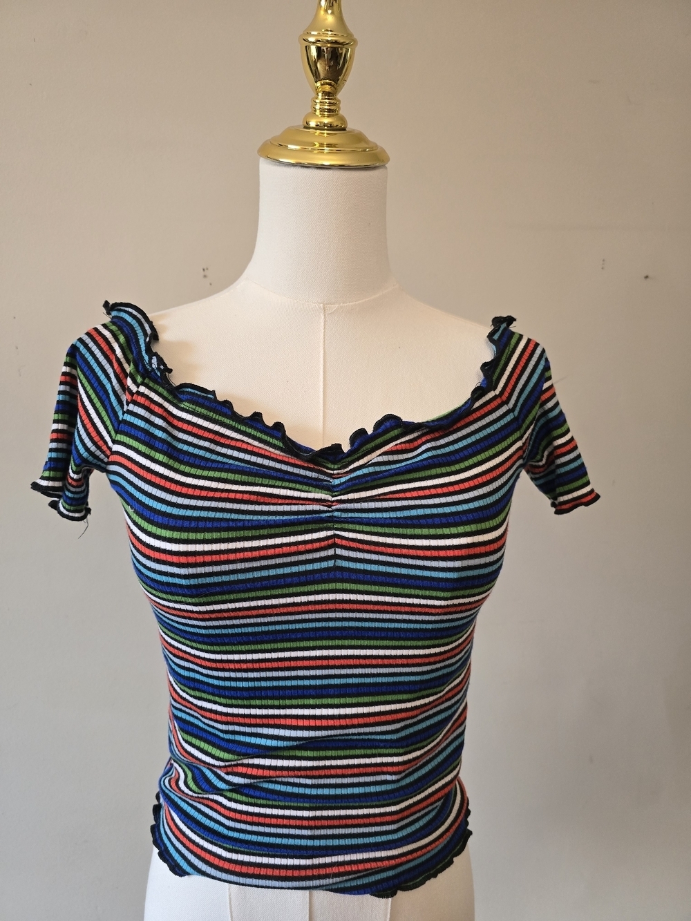 Ambiance Multi-Stripe Knit Off The Shoulder Top With Ruffle Trim